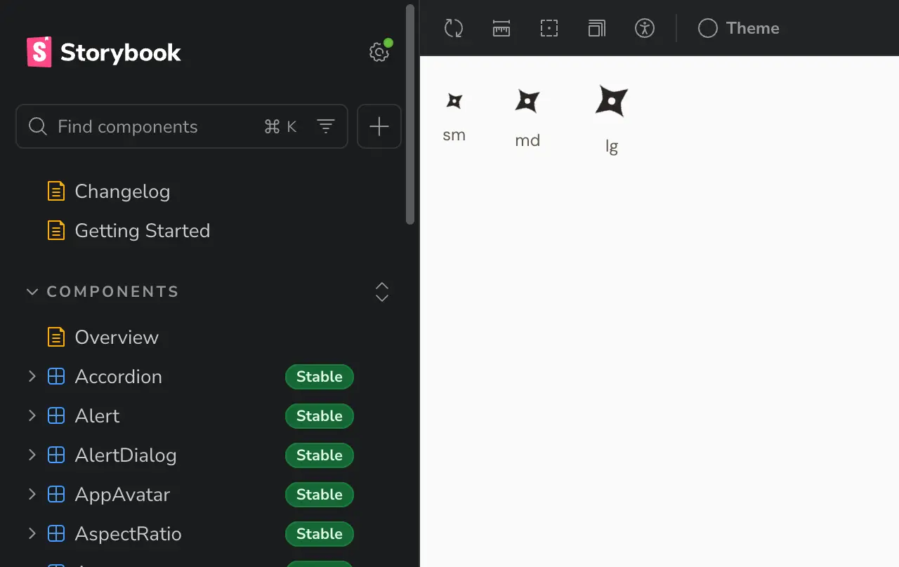 Storybook for the harness-based design system: a sidebar listing components such as Accordion, Alert and AppAvatar marked Stable, beside an icon preview at sm, md and lg sizes.