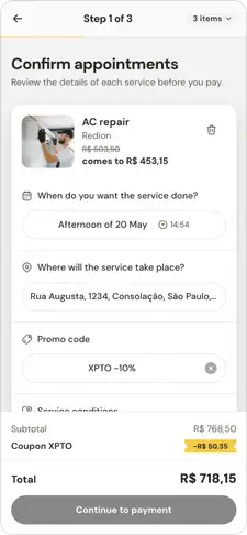 'Confirm appointments' screen showing an AC repair with its own date, address, promo code and conditions, followed by the subtotal, coupon discount and order total.