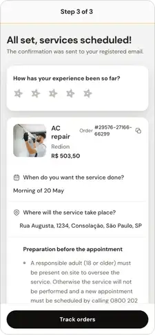 Step 3 of 3, 'All set, services scheduled!': an experience rating prompt, the booked AC repair with order number, date, address, preparation notes and a 'Track orders' button.