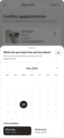 Bottom sheet asking 'When do you want the service done?' over the booking review, with 20 May selected on the calendar and the morning time window chosen.