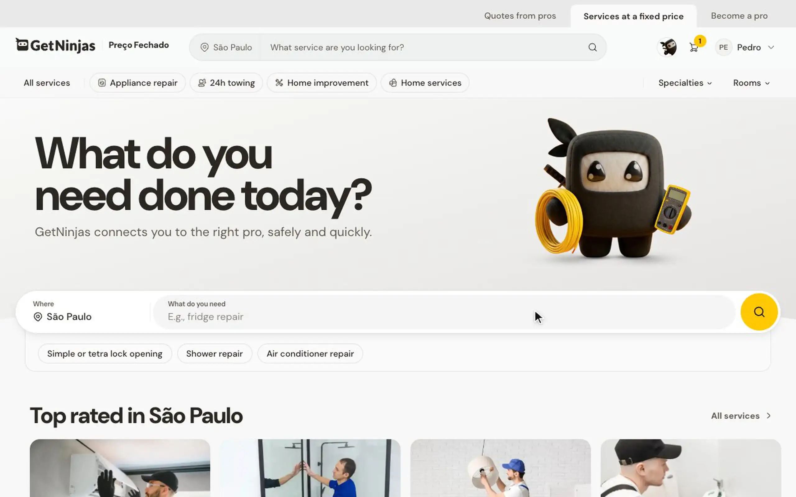 Screen recording of the desktop journey, translated prototype: from the services home to the home-services category, a 4-hour home cleaning added to a cart that already holds an AC repair, both appointments confirmed with their dates, address, coupon and conditions, payment by saved card, and the confirmation asking how the experience has been.