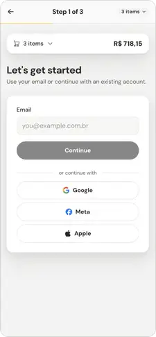 Step 1 of 3 of checkout, 'Let's get started': an email field with Continue, plus Google, Meta and Apple sign-in options, under a 3-item cart total.