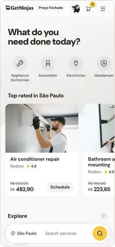 GetNinjas mobile home asking 'What do you need done today?', with service category shortcuts, top-rated services in São Paulo and a location search bar.