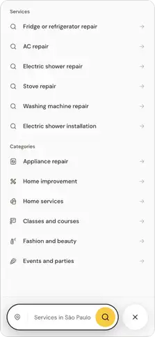 Mobile discovery list separating customer-facing services (fridge repair, AC repair, shower repair) from broader categories, with a 'Services in São Paulo' search field.