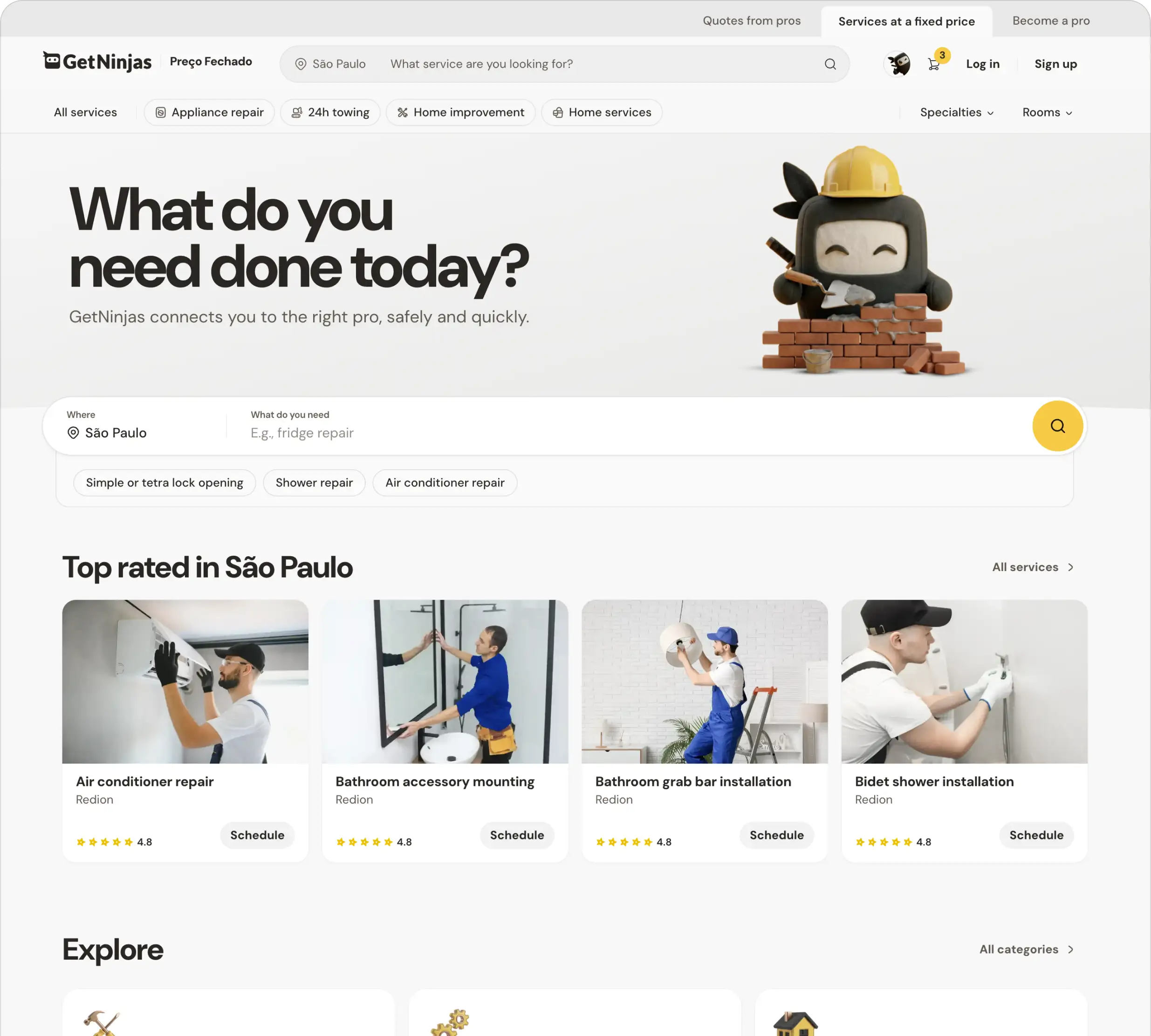 The GetNinjas fixed-price services home page on desktop, translated prototype: a search asking what you need done today and where, the ninja mascot in a hard hat laying bricks, quick suggestions, and a row of top-rated São Paulo services such as air-conditioner repair, bathroom accessory mounting and grab-bar installation, each with a rating and a Schedule button. Data is fictitious.