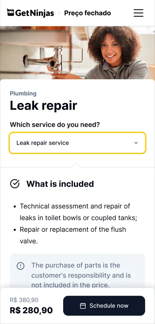 The MVP's mobile service page for a leak repair: a plumber photo, a service selector, what is included, a note that parts are the customer's responsibility, and the fixed price with a 'Schedule now' button.