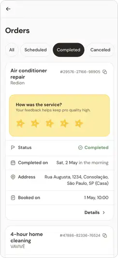 Orders screen filtered to Completed, showing an air conditioner repair with status, completion date, address, a service feedback prompt and a second order below.