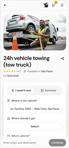 Service page for 24-hour vehicle towing, with rating, São Paulo availability, a choice between 'I need it now' and 'Schedule', and pickup and destination fields.