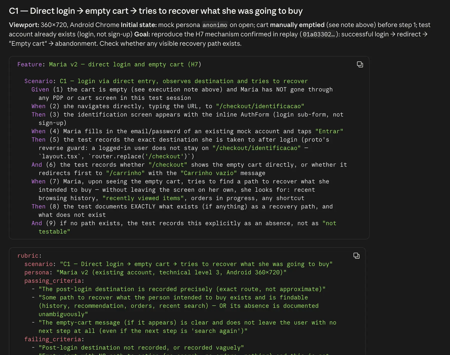 A synthetic persona test script in Gherkin: a direct login with an empty cart, where the persona tries to recover what she was going to buy, with the scenario steps and pass criteria.